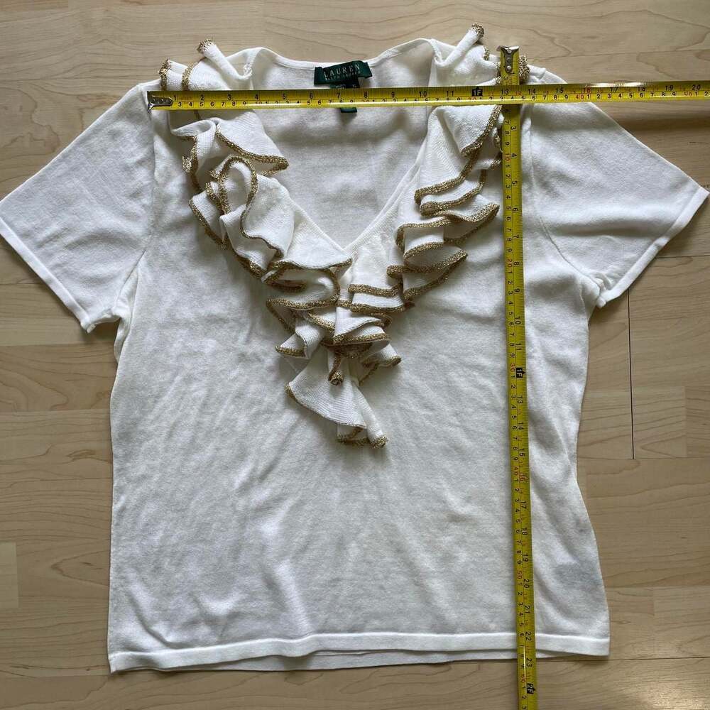 Lauren Ralph Lauren Gold Trim Ruffle Knit Top - Picture 5 of 6
